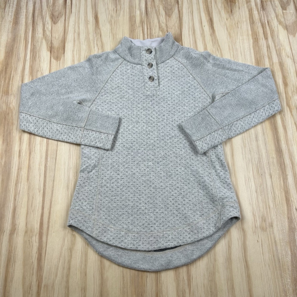 prAna Women's Small Gray Beige Fitted Wool Mock Neck Button Sweater Top